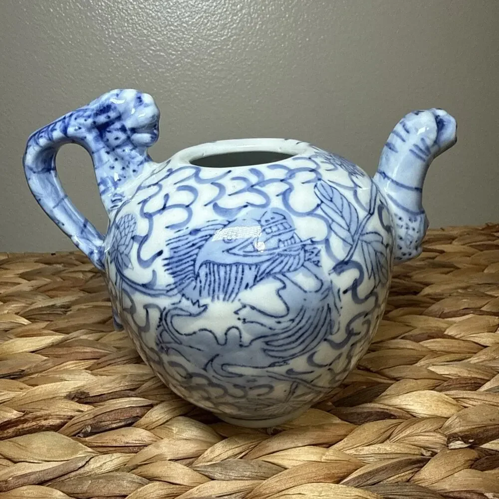 Vintage Chinese Blue White Porcelain Teapot Fish Motif Dragon Handle No Lid
